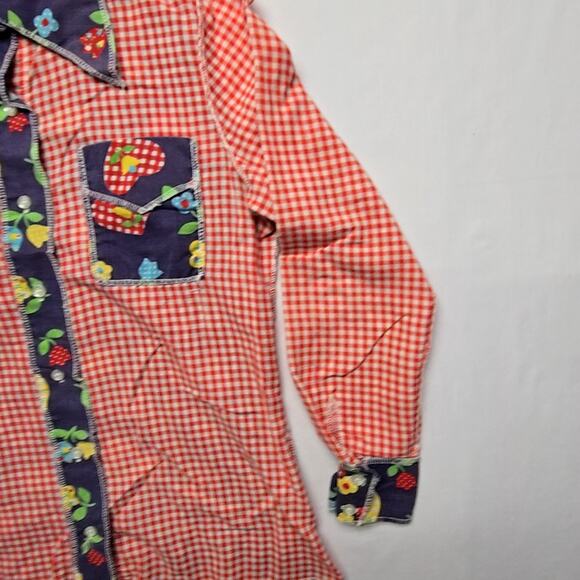 Vintage Floral Patchwork Shirt Red Gingham Long Sleeve Retro Medium Blouse 70s - Picture 5 of 10
